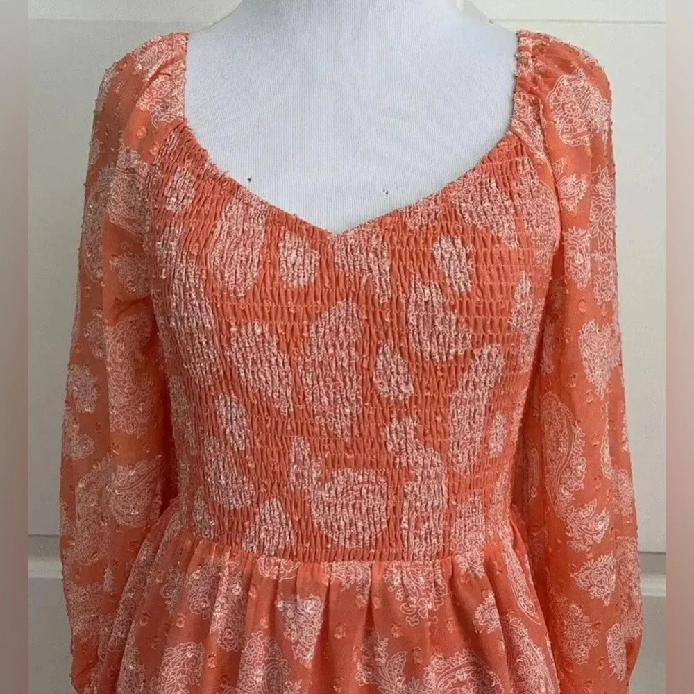 Skies Are Blue Tiered Smocked Bodice Babydoll A-Line Mini Dress SZ M Coral - Picture 4 of 12